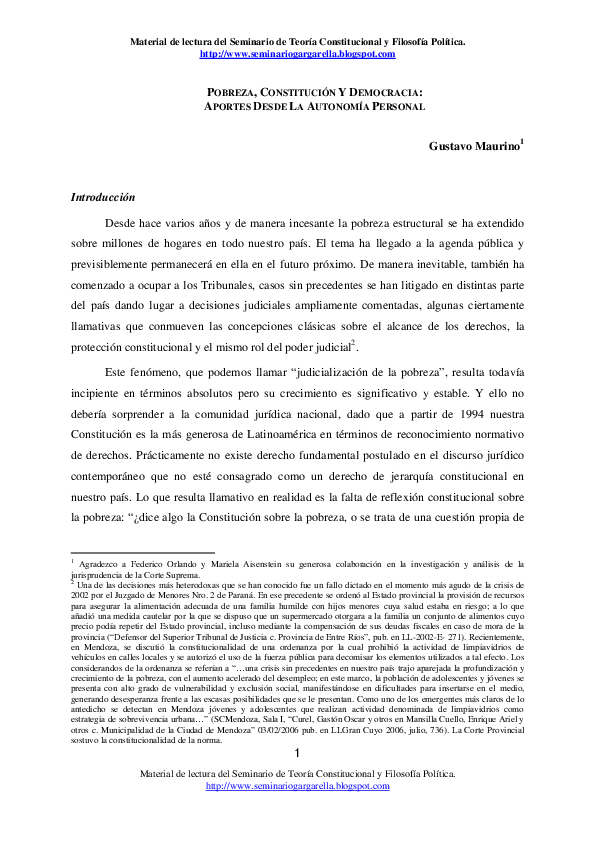 POBREZA, CONSTITUCIÓN Y DEMOCRACIA: APORTES DESDE LA AUTONOMÍA PERSONAL