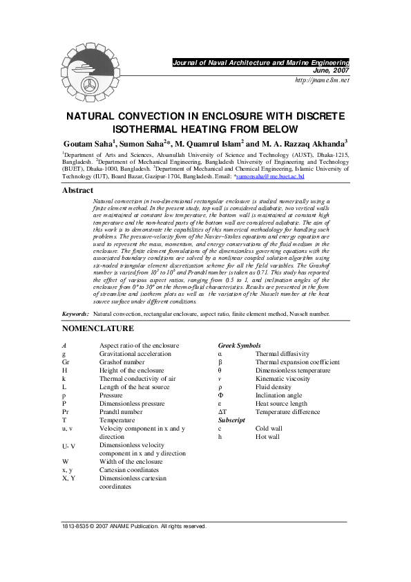 (PDF) NATURAL CONVECTION IN ENCLOSURE WITH DISCRETE ISOTHERMAL HEATING ...