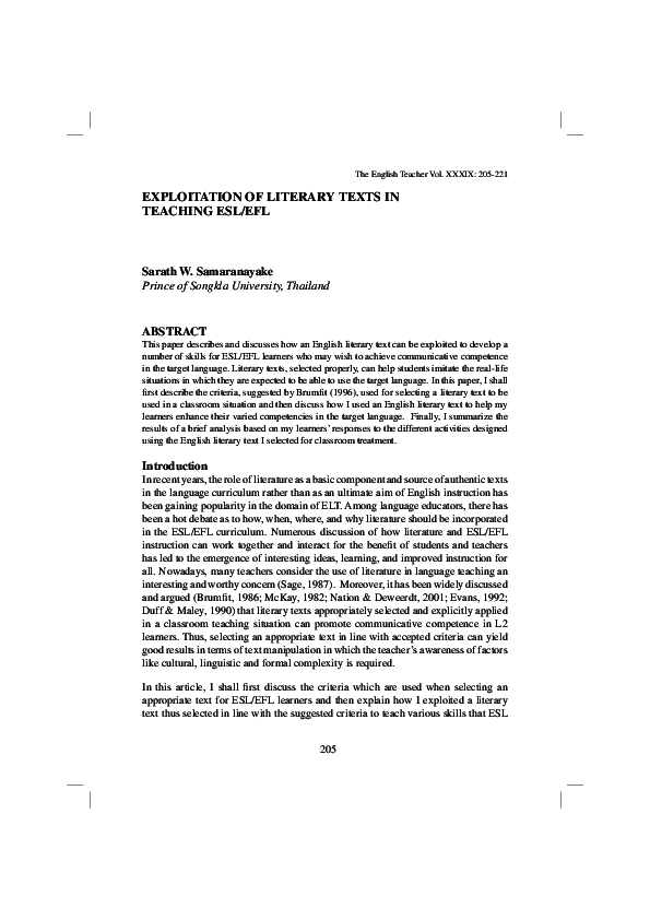 (PDF) EXPLOITATION OF LITERARY TEXTS IN TEACHING ESL/EFL