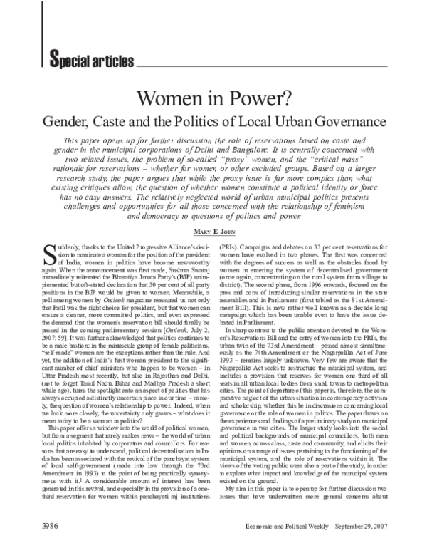 (PDF) Women in power? Gender, caste and the politics of local urban ...