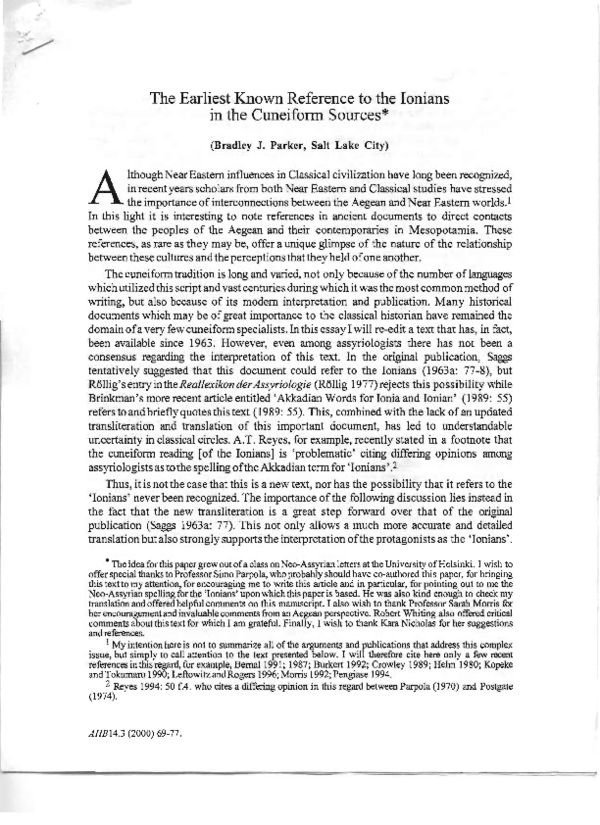 (PDF) Parker, B. J. 2000. The Earliest Known Reference to the ‘Ionians