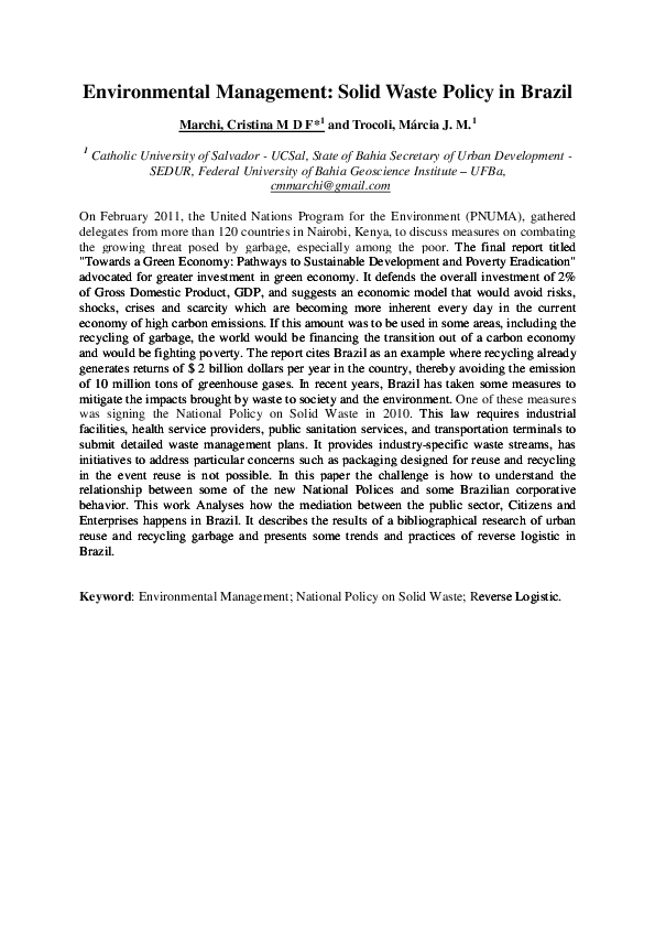 (PDF) Environmental Management: Solid Waste Policy in Brazil