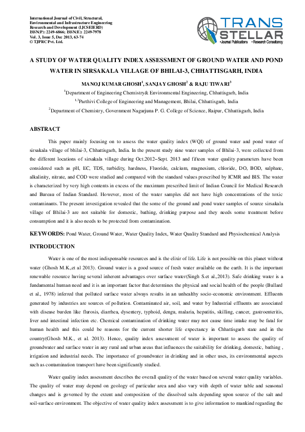 (PDF) A Study of Water Quality Index Assessment of Ground Water and ...