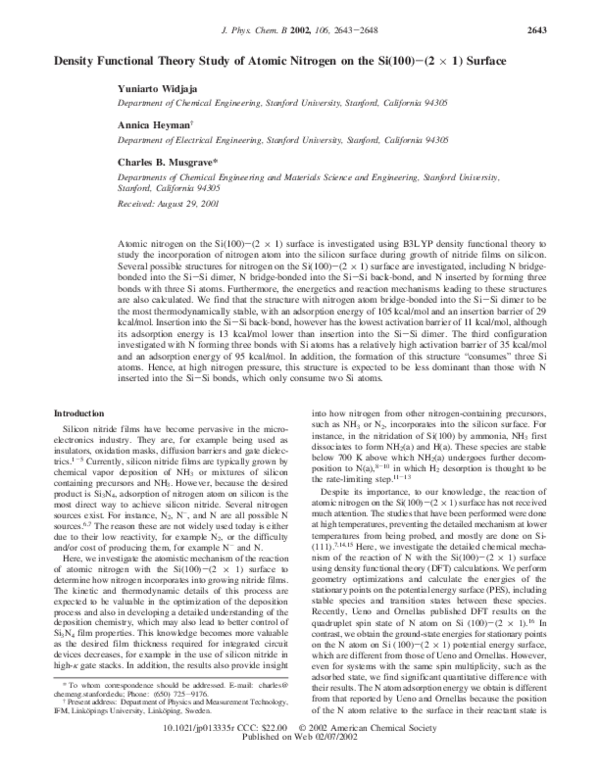 (PDF) Density Functional Theory Study of Atomic Nitrogen on the Si(100 ...