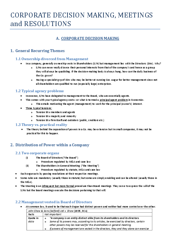 (DOC) CORPORATE DECISION MAKING, MEETINGS and RESOLUTIONS A Gerald