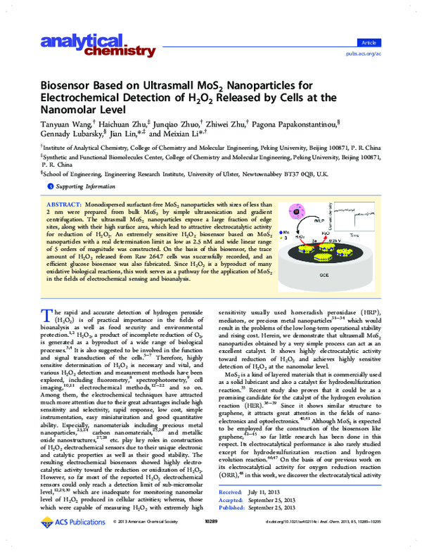 (PDF) Biosensor Based on Ultrasmall MoS2 Nanoparticles for
