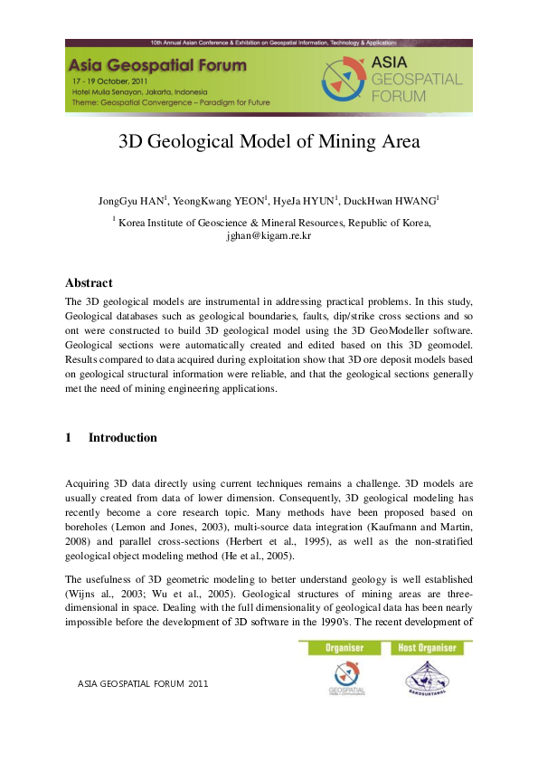 (PDF) ASIA GEOSPATIAL FORUM 2011 3D Geological Model of Mining Area