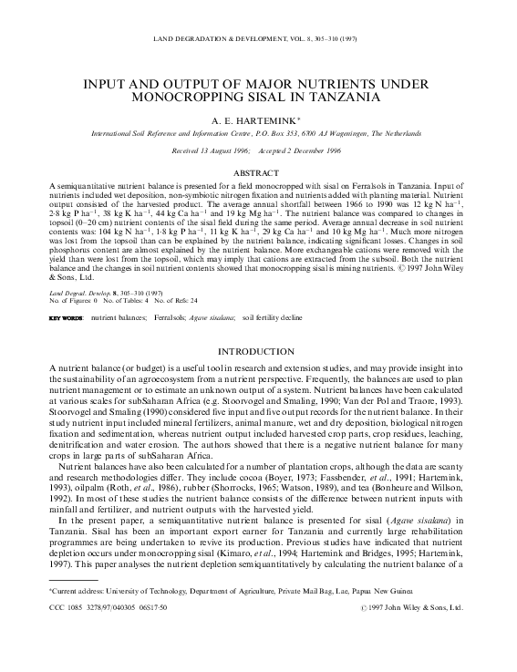  PDF Input And Output Of Major Nutrients Under Monocropping Sisal In 