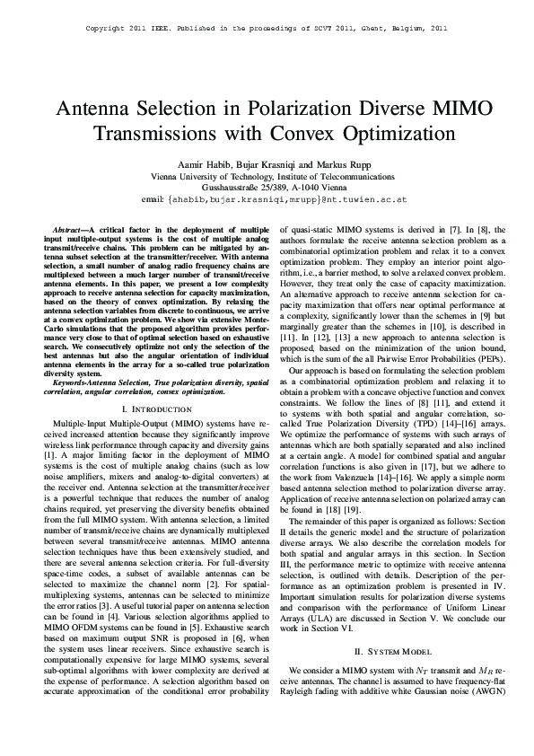 Antenna selection in polarization diverse MIMO transmissions with ...