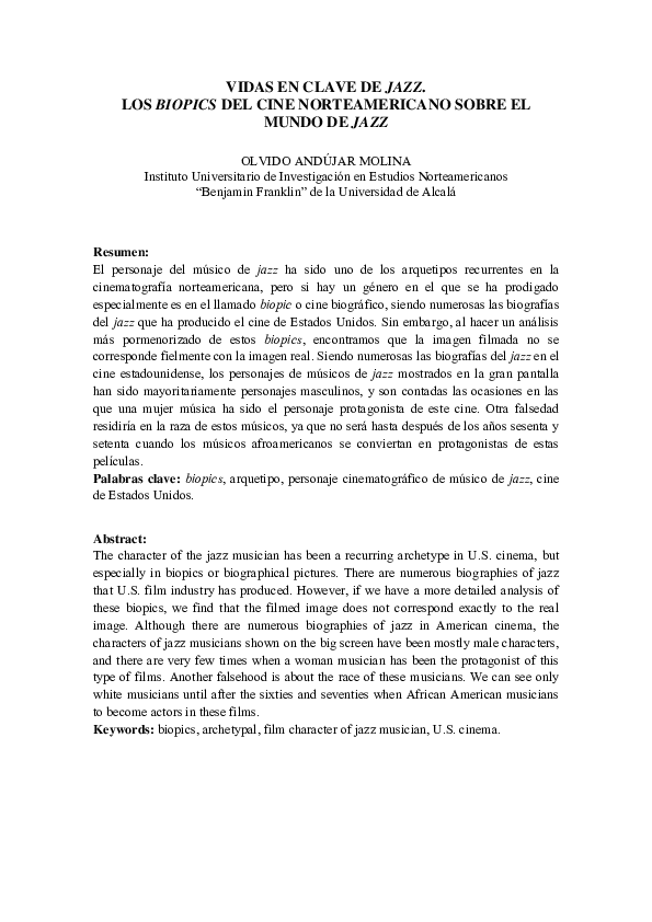 (PDF) Vidas en clave de jazz. Los biopics del cine norteamericano sobre