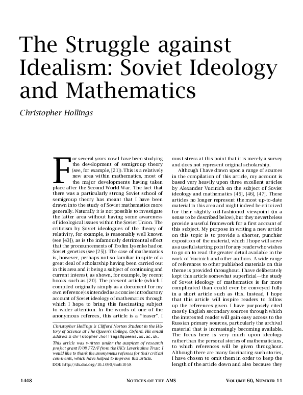 (PDF) The struggle against idealism: Soviet ideology and mathematics