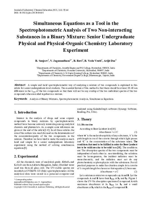 (PDF) Simultaneous Equations as a Tool in the Spectrophotometric Analysis of Two Noninteracting