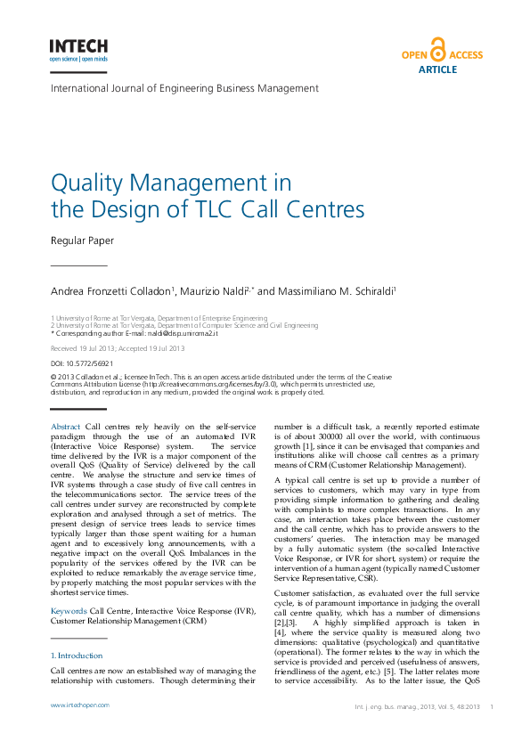 (PDF) Quality Management in the Design of TLC Call Centers Maurizio