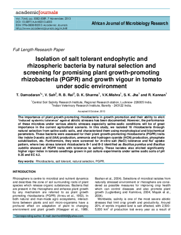 (PDF) Isolation of salt tolerant endophytic and rhizospheric bacteria ...