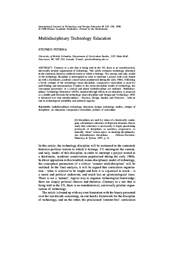 (PDF) Multidisciplinary Technology Education