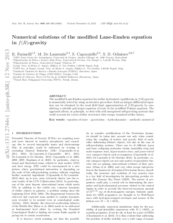 (PDF) Numerical solutions for the modified Lané-Emden equation in f(R ...