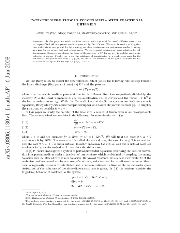 (PDF) Incompressible flow in porous media with fractional diffusion