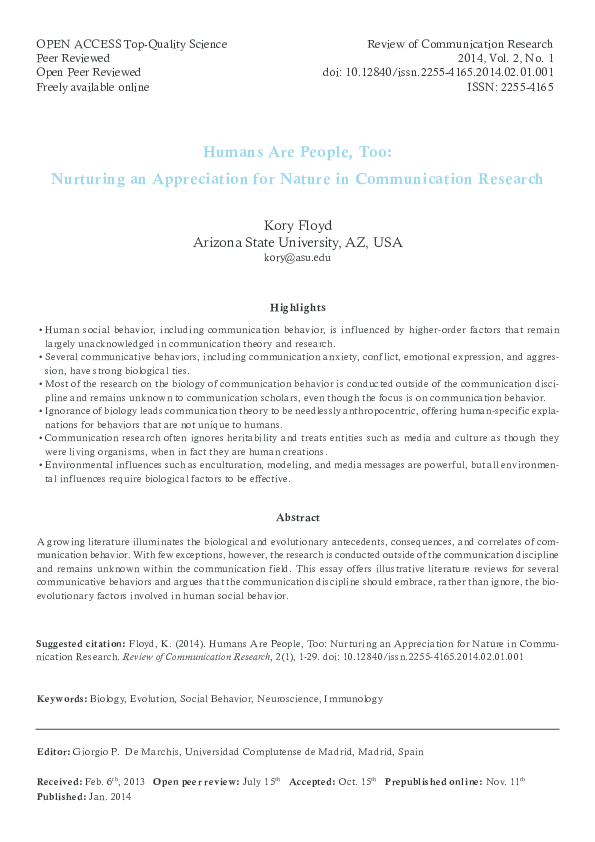 Pdf Floyd 2014 Humans Are People Too Nurturing An Appreciation For Nature In Communication Research Review Of Communication Research Open Access Highest Quality Literature Reviews Academia Edu