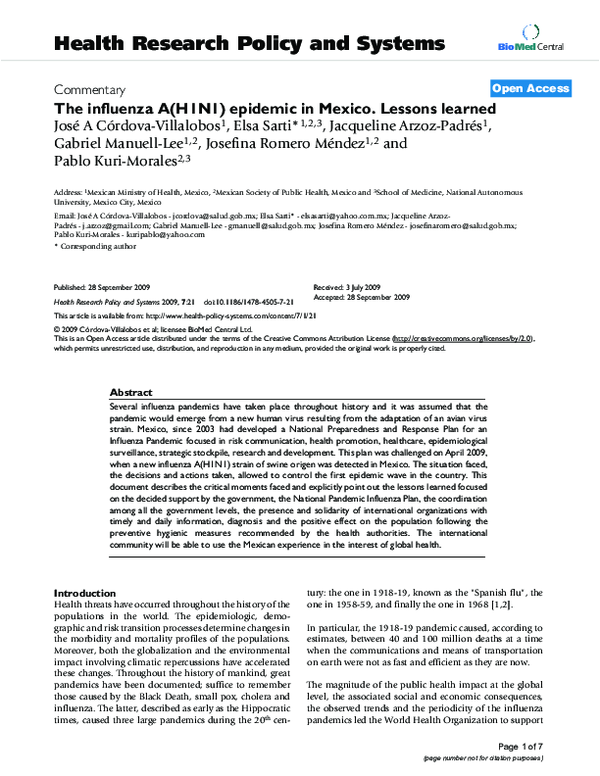 (PDF) The influenza A(H1N1) epidemic in Mexico. Lessons learned