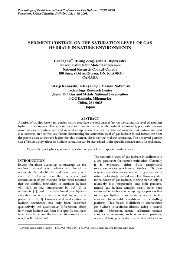 (PDF) SEDIMENT CONTROL ON THE SATURATION LEVEL OF GAS HYDRATE IN NATURE ...