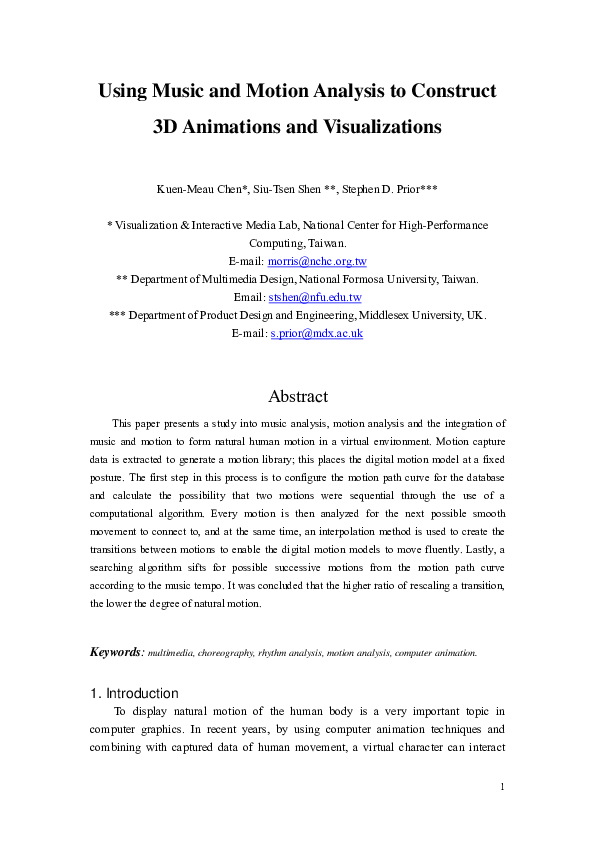 (PDF) Using music and motion analysis to construct 3D animations and ...