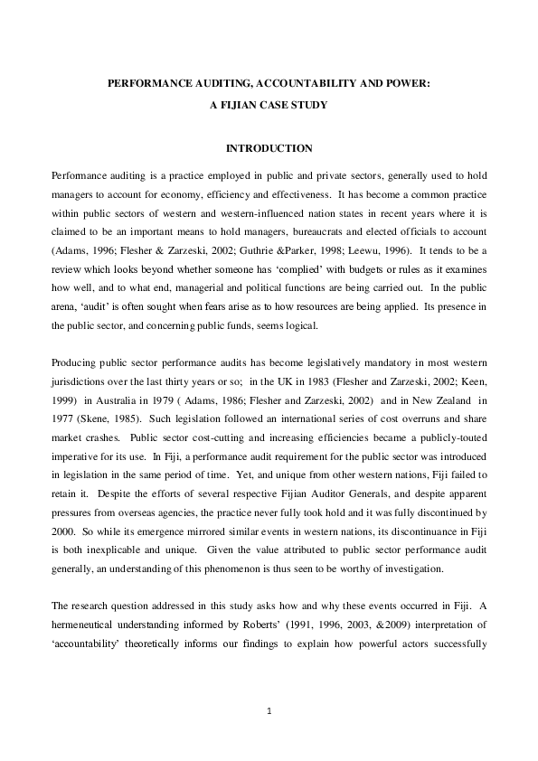 (DOC) PERFORMANCE AUDITING, ACCOUNTABILITY AND POWER: A FIJIAN CASE STUDY