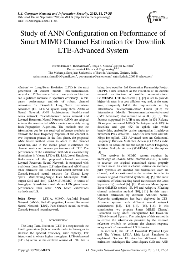 Pdf Study Of Ann Configuration On Performance Of Smart Mimo Channel