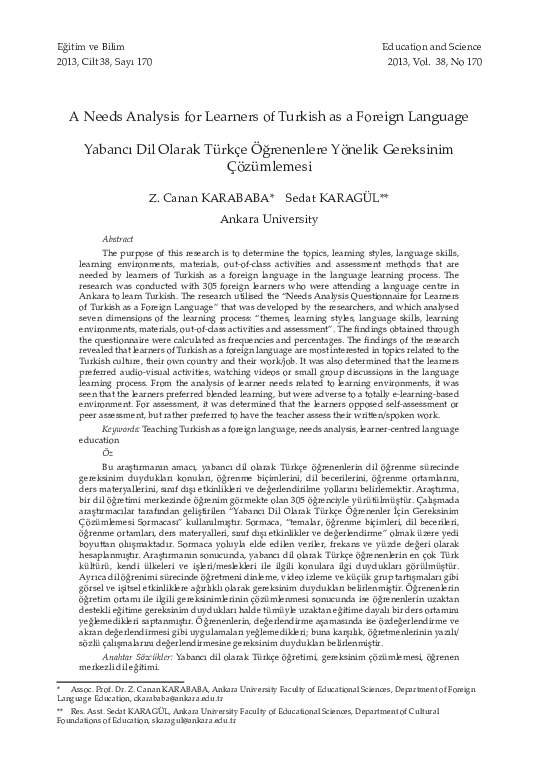 (PDF) A Needs Analysis for Learners of Turkish as a Foreign Language