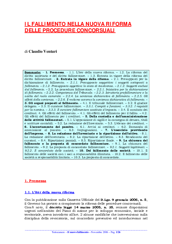 (PDF) IL FALLIMENTO NELLA NUOVA RIFORMA DELLE PROCEDURE CONCORSUALI