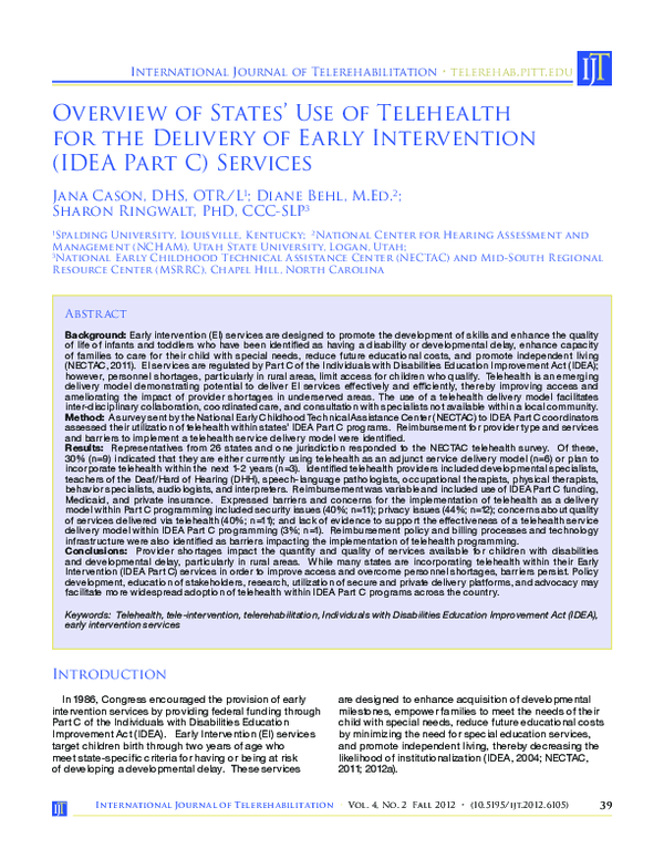 Overview of States' Use of Telehealth for the Delivery of Early ...