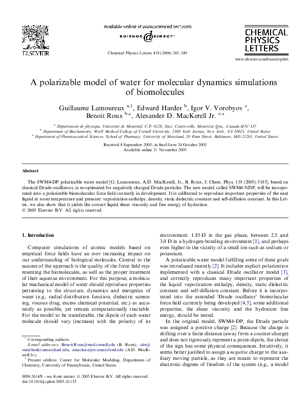 (PDF) A polarizable model of water for molecular dynamics simulations