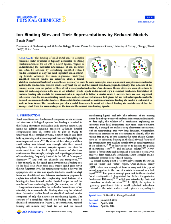 (PDF) Ion Binding Sites and Their Representations by Reduced Models