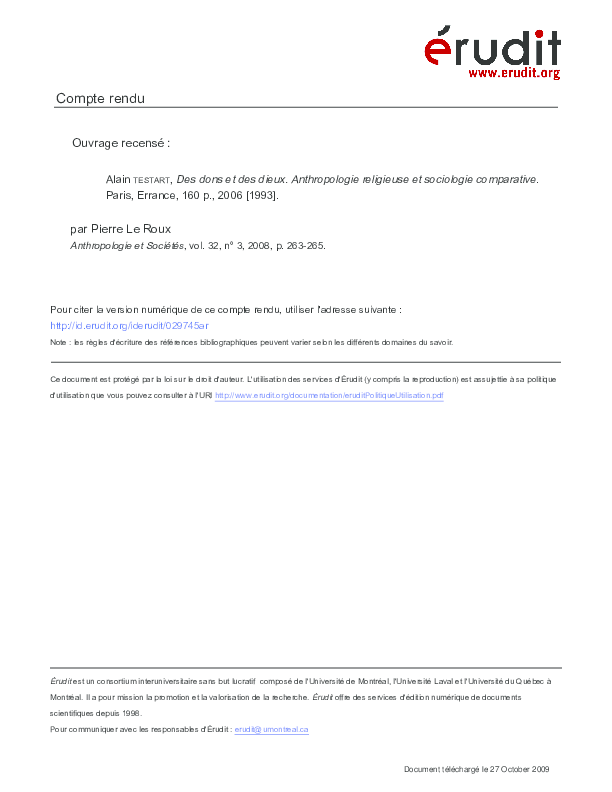 (PDF) 2008 compte rendu de : Alain Testart, 2006, Des dons et des dieux ...