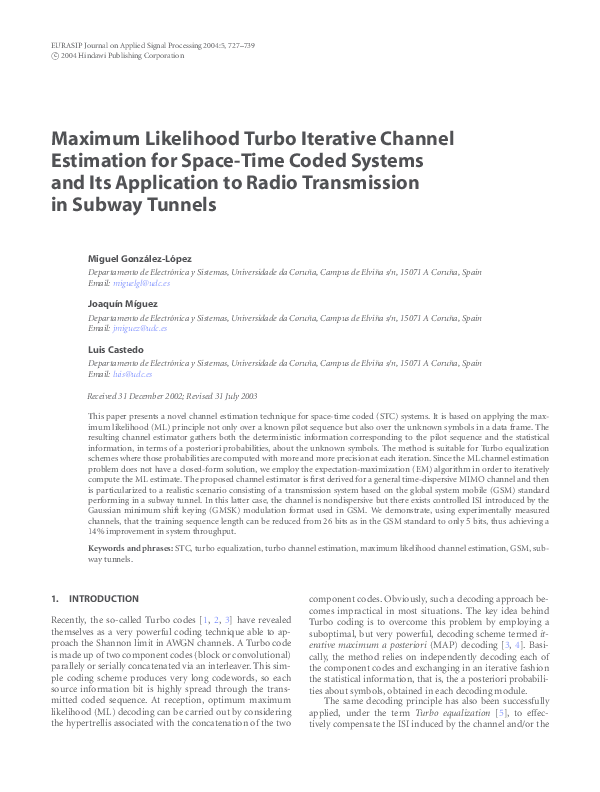 (PDF) Maximum Likelihood Turbo Iterative Channel Estimation for Space ...
