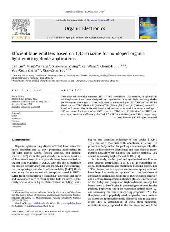 (PDF) Efficient blue emitters based on 1,3,5-triazine for nondoped ...