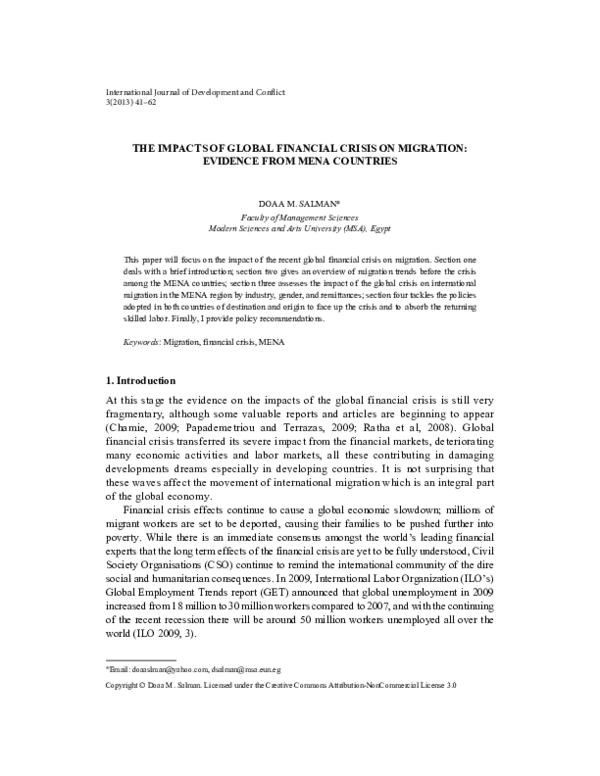 (PDF) THE IMPACTS OF GLOBAL FINANCIAL CRISIS ON MIGRATION:EVIDENCE FROM ...