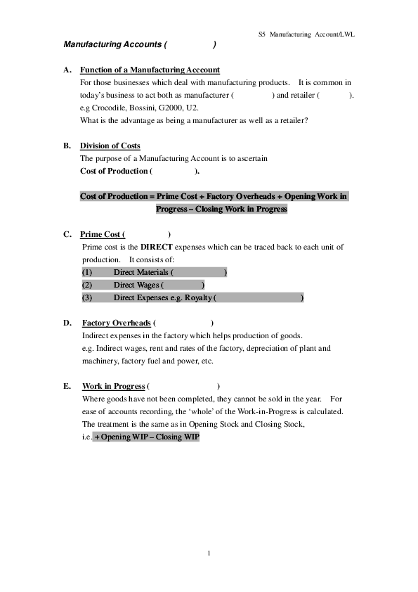 (PDF) S5 Manufacturing Account/LWL 1 Manufacturing Accounts ( ) Cost of