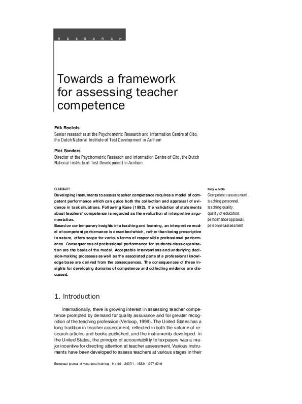 (PDF) Towards a framework for assessing teacher competence