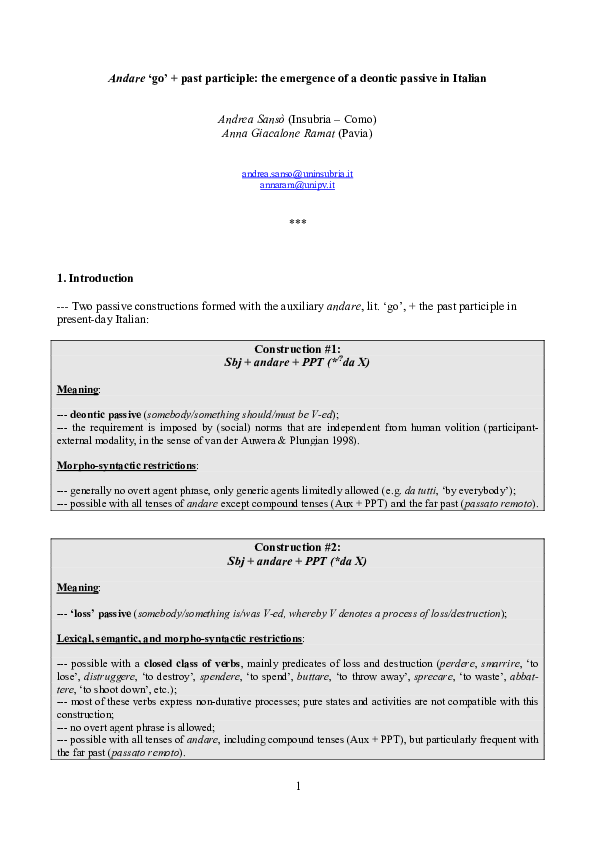 Pdf Andare Go Past Participle The Emergence Of A Deontic Passive In Italian Andrea Sanso Academia Edu