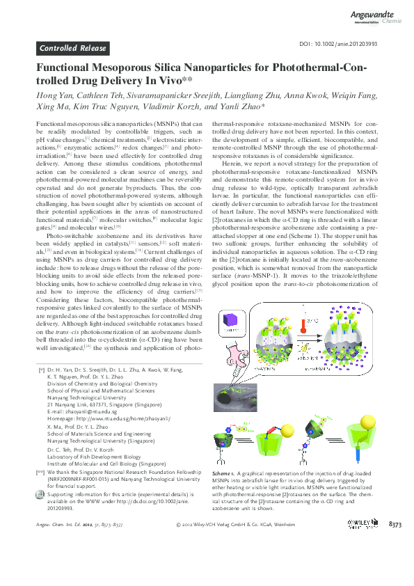 (PDF) Controlled Release Functional Mesoporous Silica Nanoparticles for ...