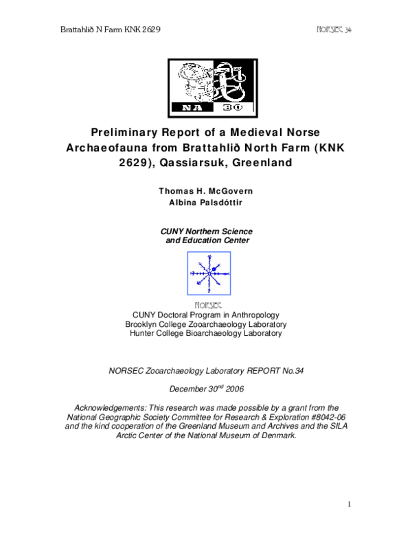 Preliminary Report of a Medieval Norse Archaeofauna from Brattahlið North Farm (KNK 2629), Qassiarsuk, Greenland