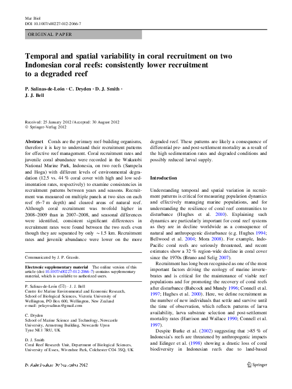 (PDF) Temporal and spatial variability in coral recruitment on two ...