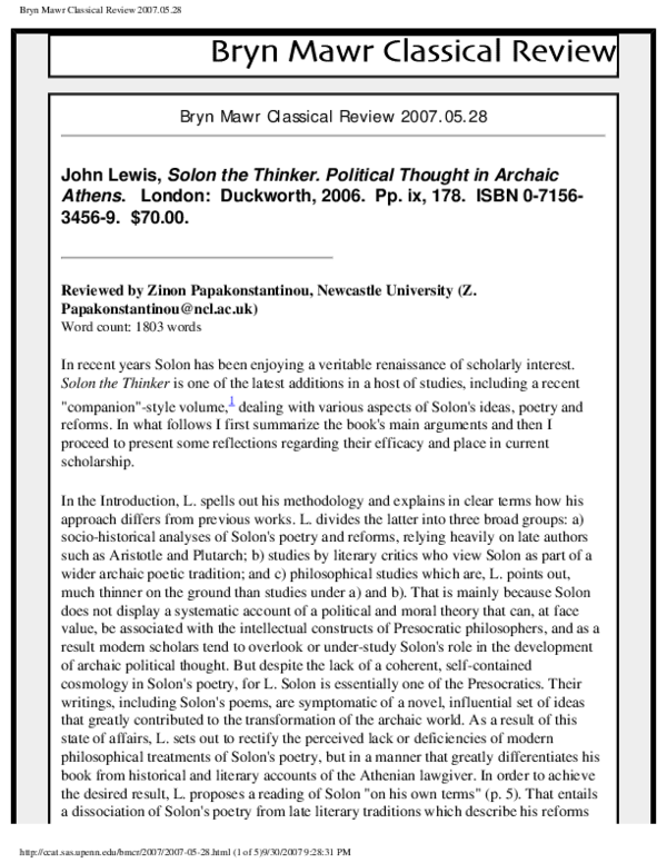 (PDF) Review of John Lewis, Solon the Thinker. Political Thought in Archaic Athens, London