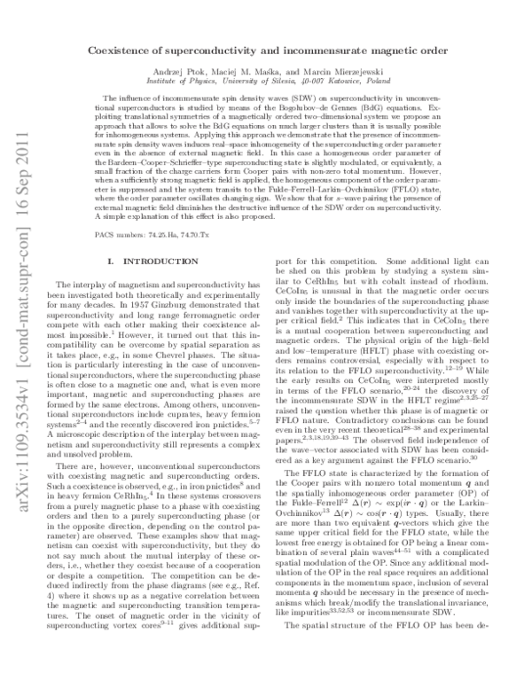 (PDF) Coexistence of superconductivity and incommensurate magnetic order