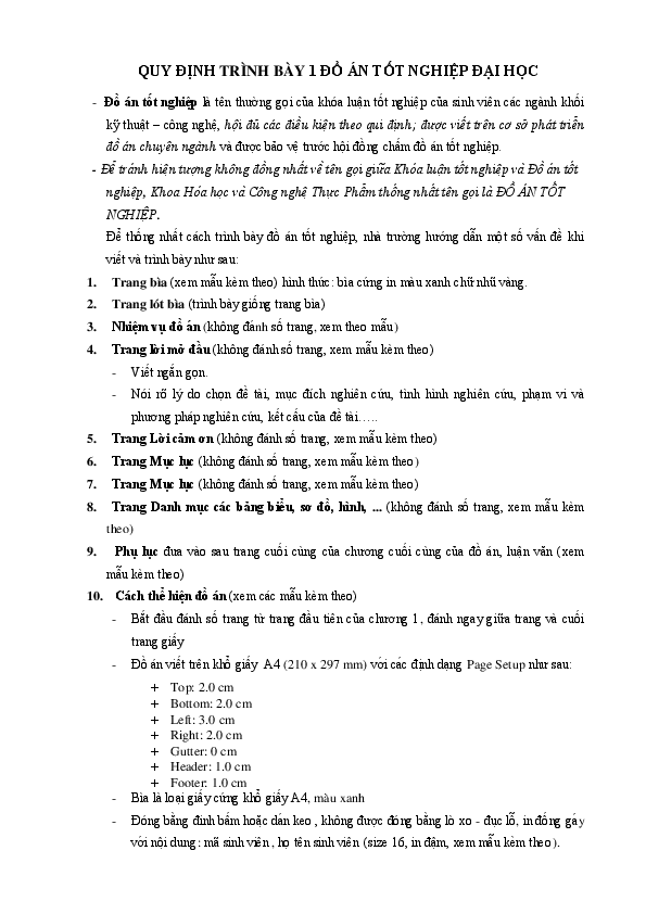First page of “QUY ĐỊNH TRÌNH BÀY 1 ĐỒ ÁN TỐT NGHIỆP ĐẠI HỌC”