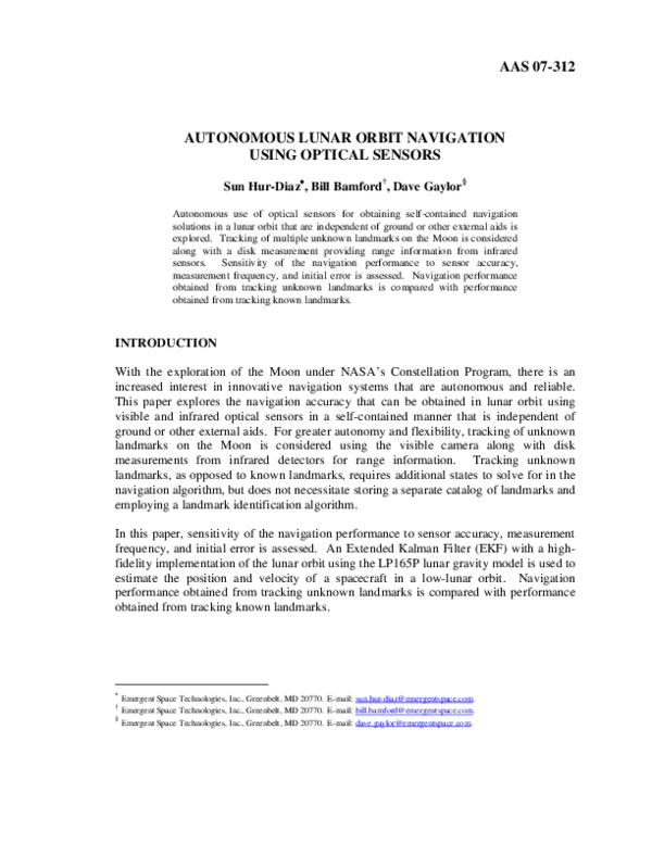 (PDF) Autonomous Lunar Orbit Navigation Using Optical Sensors