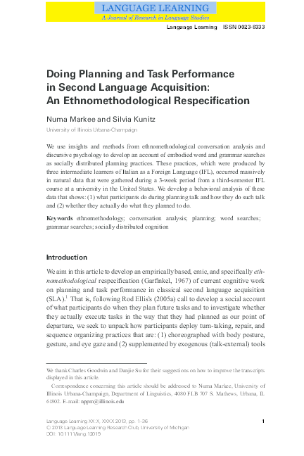 (PDF) Markee & Kunitz (2013). Doing Planning and Task Performance in ...