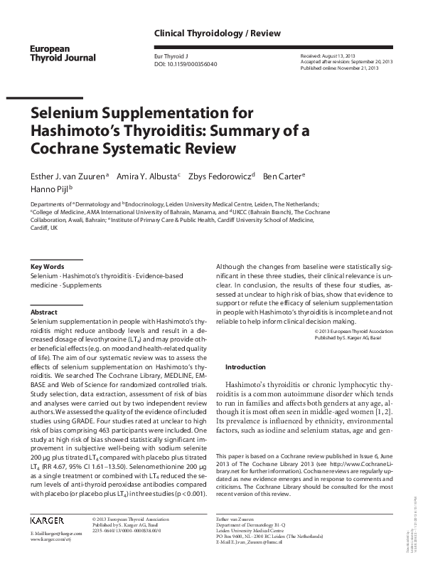 (PDF) Selenium Supplementation for Hashimoto’s Thyroiditis Summary of