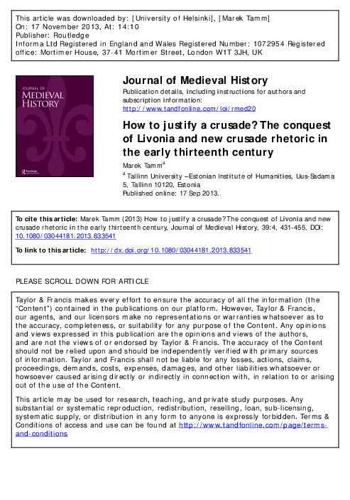 How to justify a crusade? The conquest of Livonia and new crusade rhetoric in the early thirteenth century