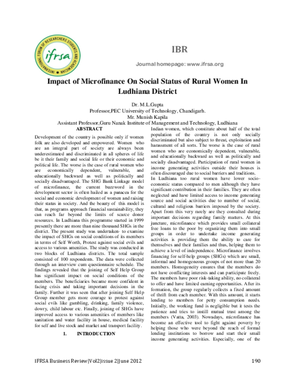 Impact of Microfinance On Social Status of Rural Women In Ludhiana District
